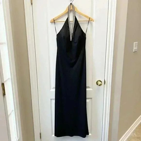 Vintage 90s JS Collections Long Black Formal Evening Gown Beaded Halter Neck 4 - Picture 6 of 16